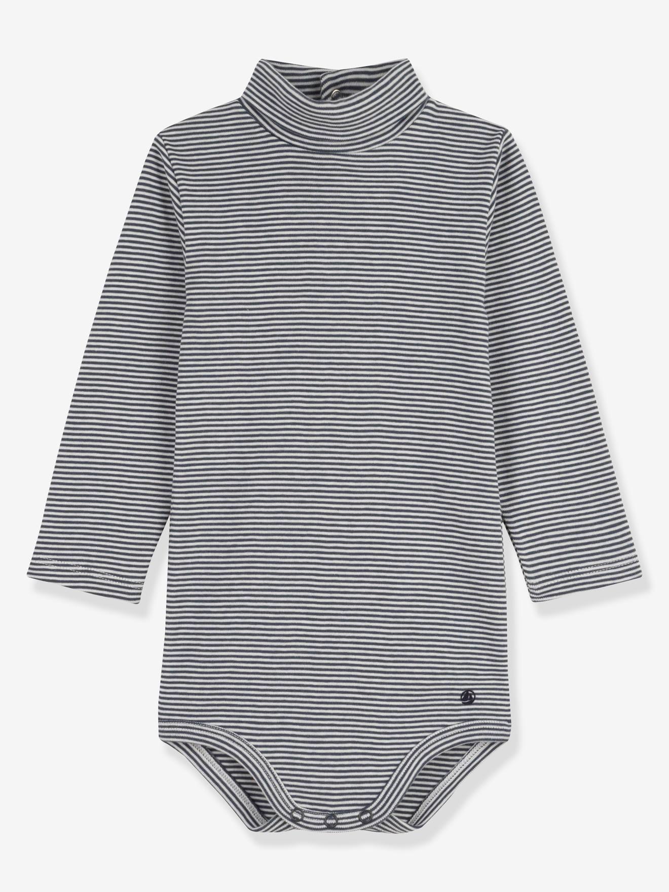 Body de manga comprida PETIT BATEAU com gola alta listrada e algodão orgânico, cinza