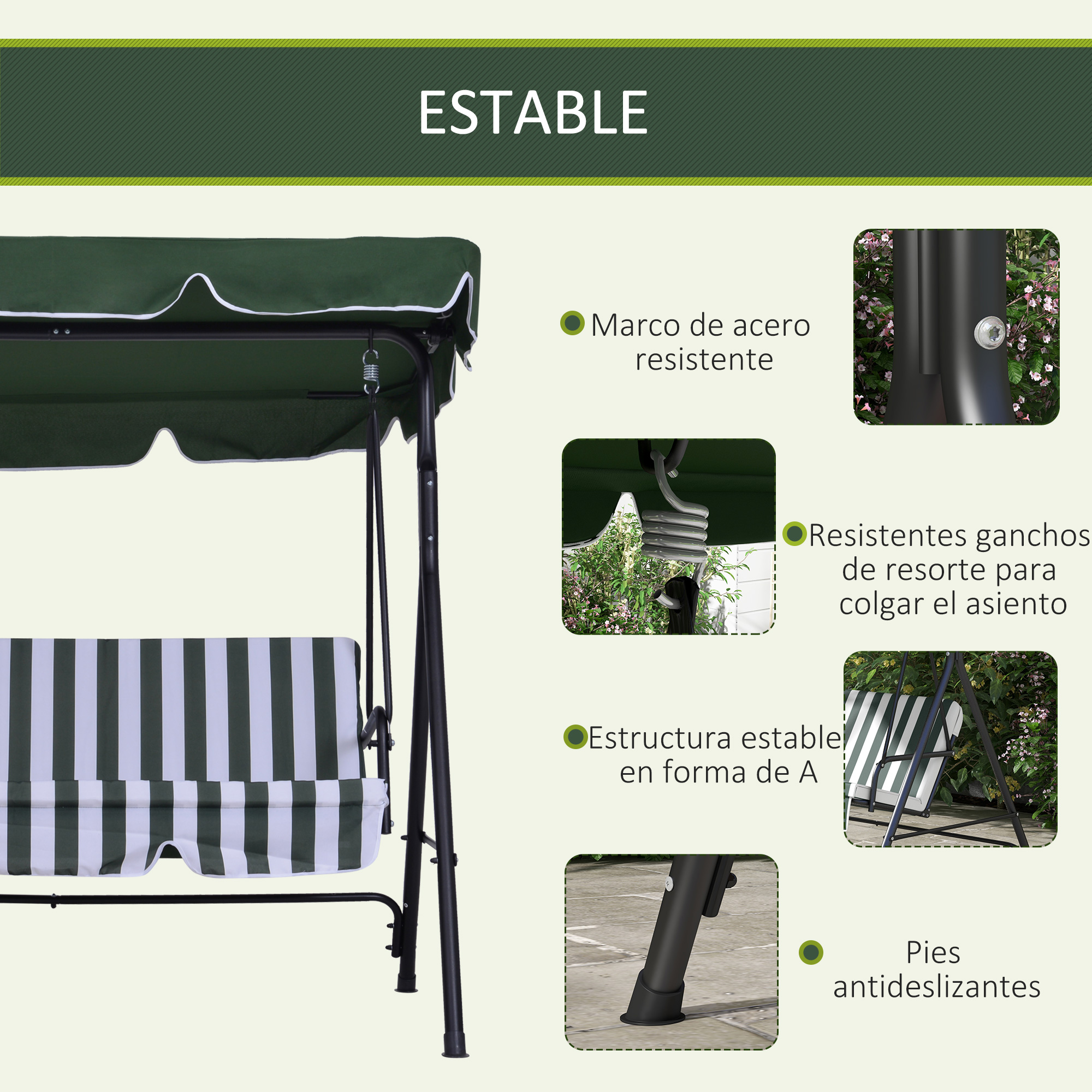 Balanço de jardim Outsunny de 3 lugares, cadeira de balanço externa com teto ajustável e estrutura de aço para varanda, terraço e pátio, capacidade de carga de 200 kg, 172 x 110 x 153 cm, verde.