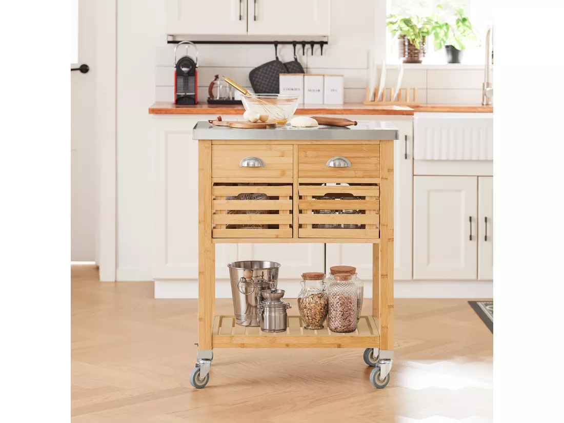 Desserte Sur Roulettes Armoire De Rangement En Bambou Plan De Travailen En Acier Inox, Fkw40-n