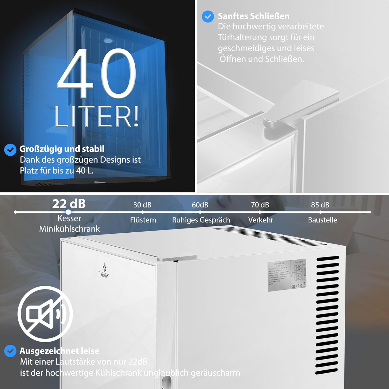 KESSER® Mini réfrigérateur avec Serrure, Mini Bar de 40 l, Silencieux, 22 DB, verrouillable, Chambre à Coucher, butée de Porte Amovible, env. 4 à 16 °C, Hauteur 57 cm, éclairage intérieur