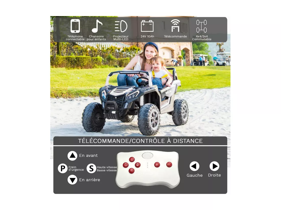 Voiture électrique 24 V pour enfants, camion à quatre roues motrices avec télécommande, camionnette à 6 roues pour enfants avec ceinture de sécurité, espace de rangement, Bluetooth, son d'avertissement de marche arrière (noir foncé)