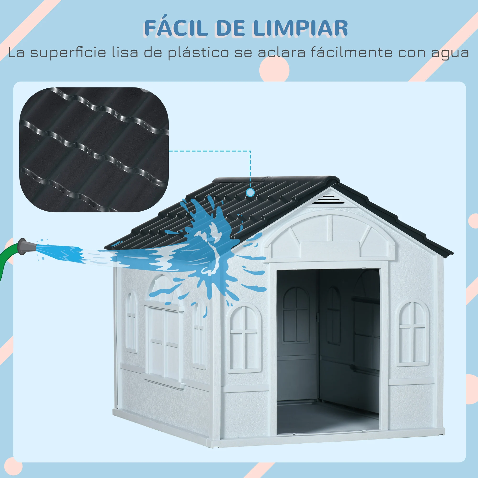 Casinha para cães PawHut, 65x75,7x63 cm, com janela estampada e telhado imitando telha, para cães de porte médio, cinza e branca.