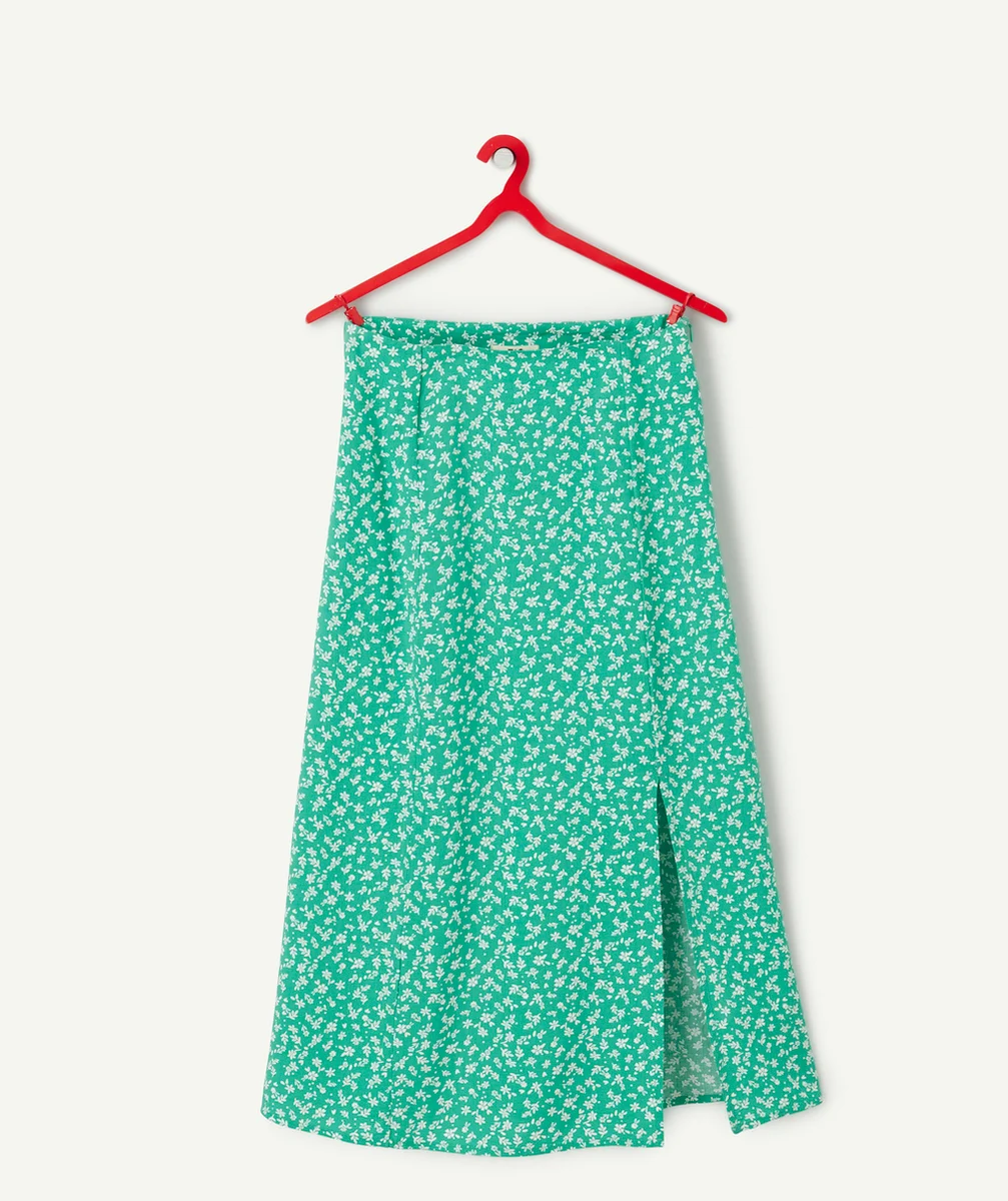 jupe mi-longue fille en viscose responsable verte imprimée à fleurs