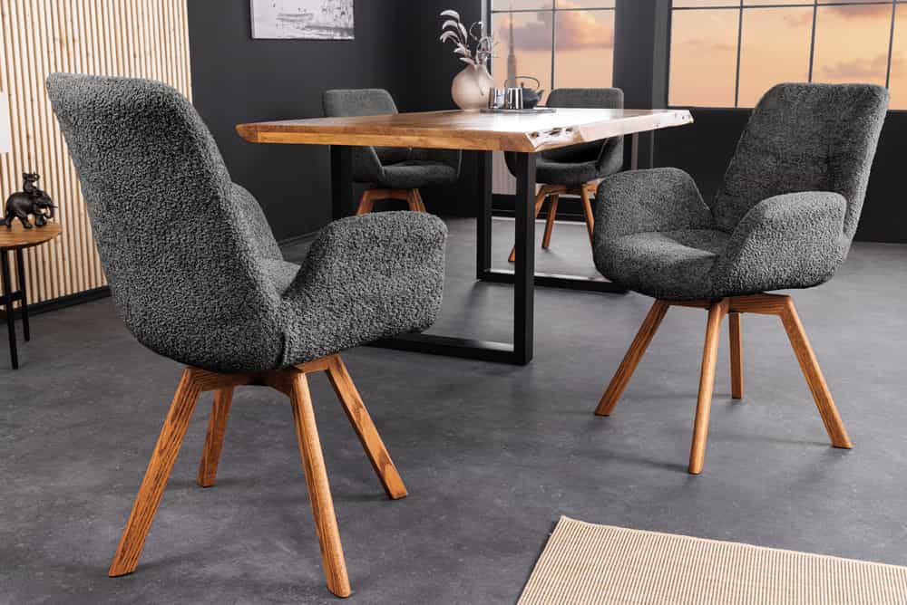 Drehbarer Design Stuhl BALTIC dunkelgrau Bouclé natur Eiche Massivholz mit Armlehne