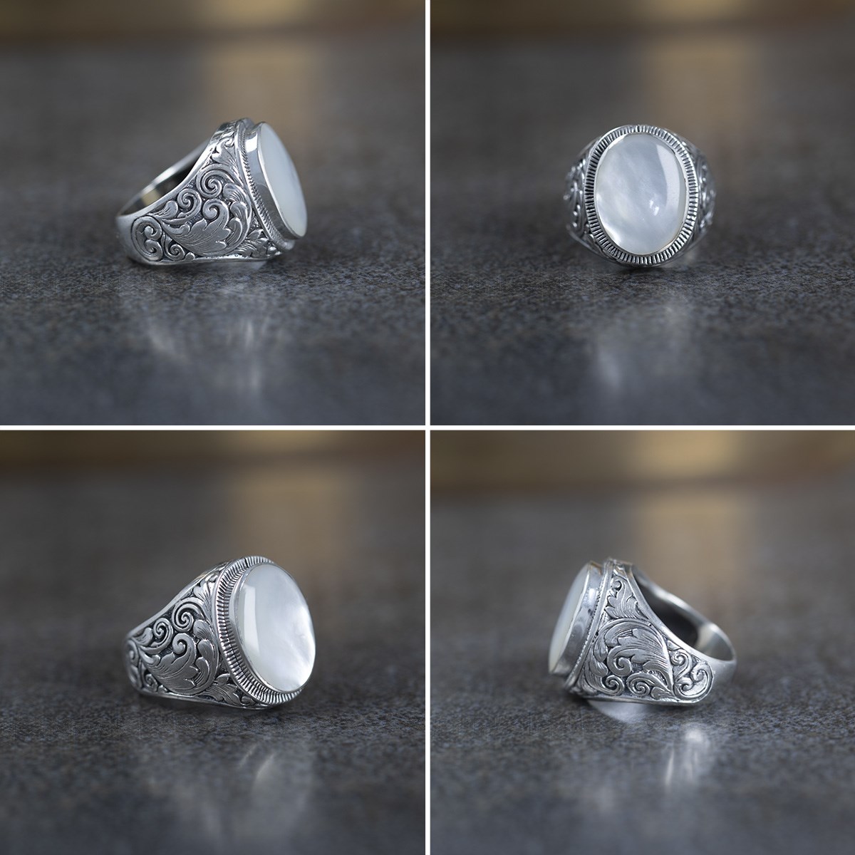 Bague Biker Femme Série Rock en Argent Massif Vieilli et Nacre Blanche - Cadeau Anniversaire | Aden