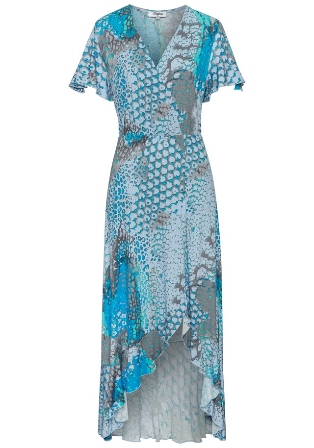 Buffalo Maxikleid im Vokuhila-Schnitt, Schlitz und Volant, Flügelärmel, Druckkleid
