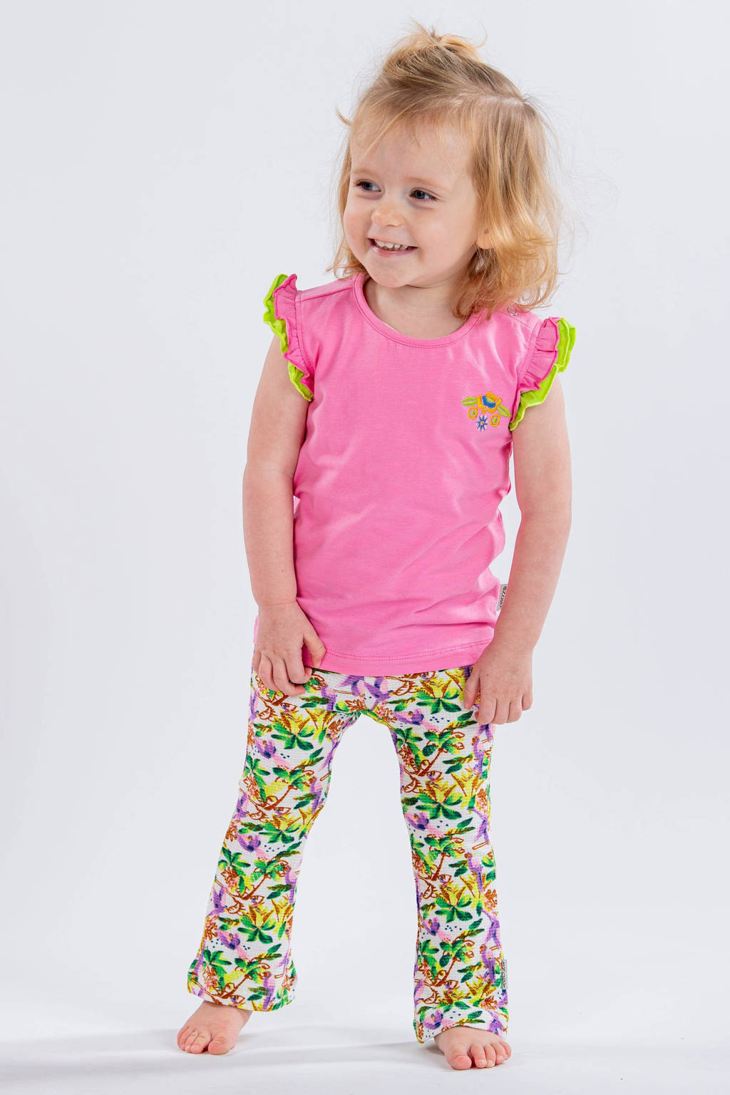 B.Nosy gebloemde flared broek groen/roze/wit