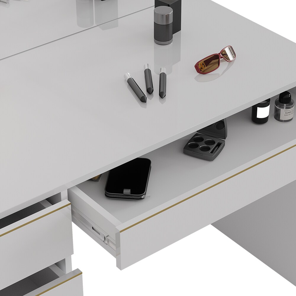 Vicco Schminktisch Sherry Weiß Hochglanz Gold 120 x 75 cm 5 Schubladen Spiegel Hocker LED
