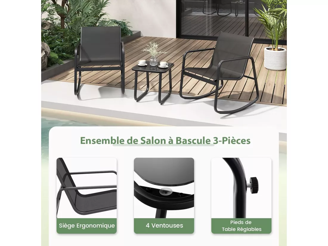 Salon de Jardin 3 Pièces avec Chaises à Bascule Table en Verre, Ensemble de Meuble Extérieur 2 Fauteuils Cadre Métallique Charge 150KG, pour Porche Bord de Piscine Balcon