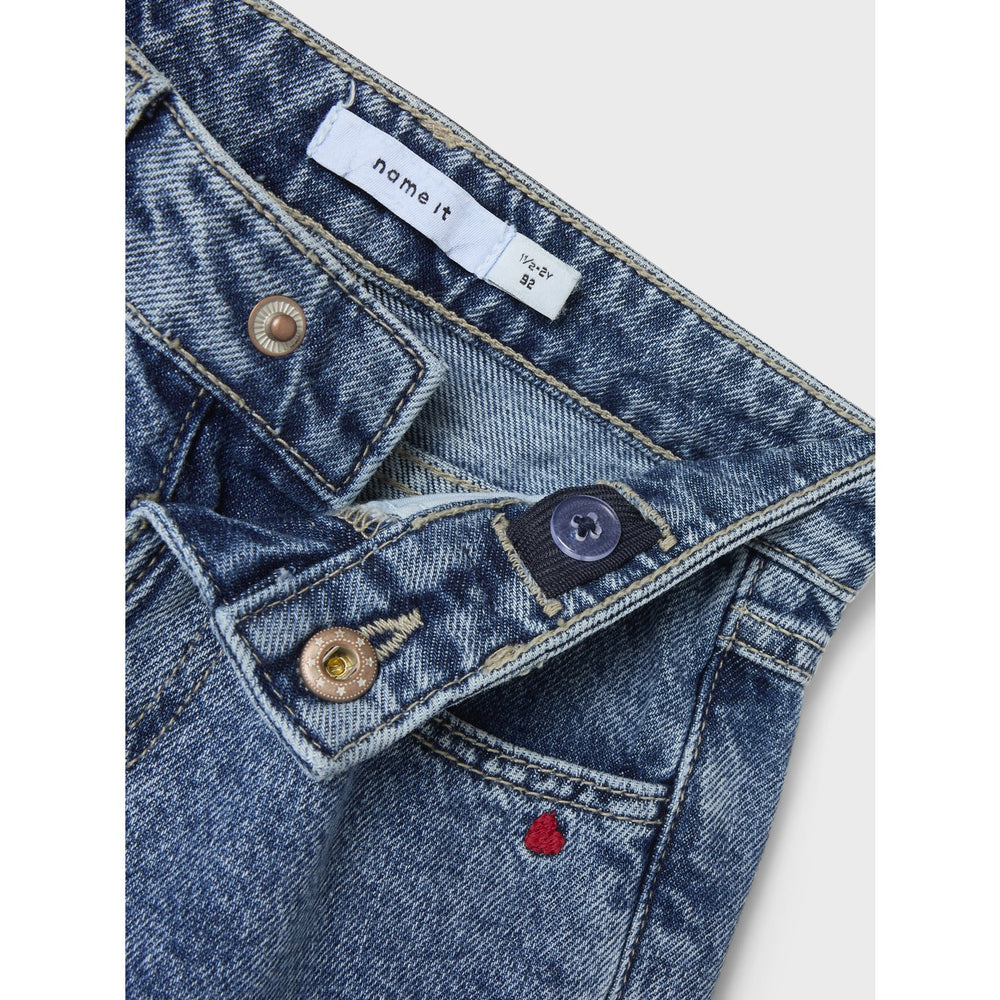 Køb Name It Medium Blue Denim Heart Bella Mom Embroidery Jeans
