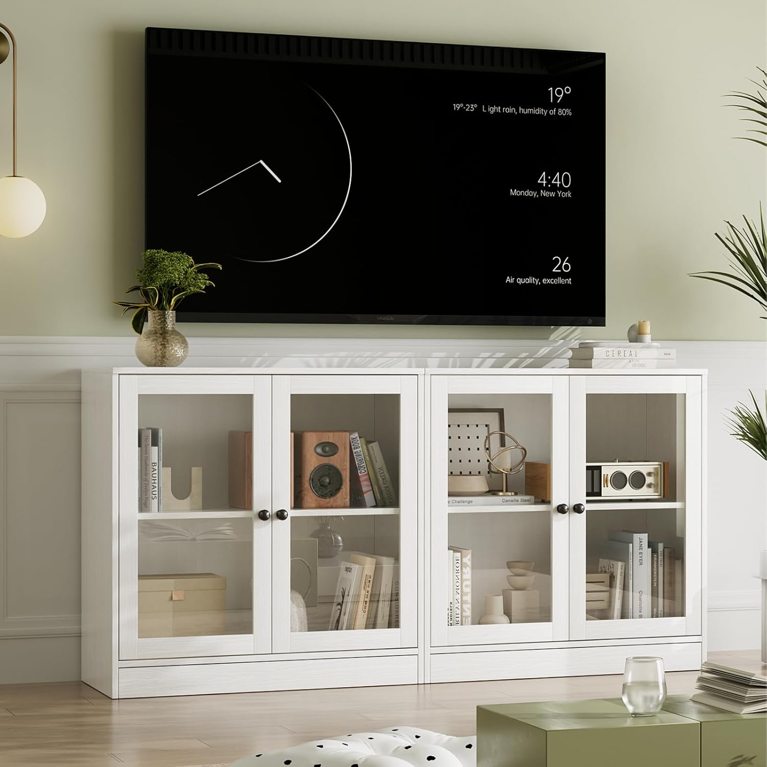 VOWNER 4PSC Großer TV-Schrank mit Bücherregalen für Fernseher bis zu 70 Zoll, 280 cm Long tv Ständer mit gehärteten Glastüren und Einlegeböden, fernsehschrank für Wohnzimmer, 2B+2D (Weiß)