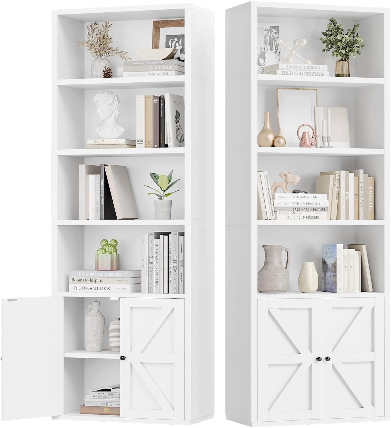 oneinmil Bücherregal, Bücherregal Weiß mit 2 Türen aus Holz, Bücherschrank Hoch mit 6 Ebenen, Küchenschrank, Standregal, für Wohnzimmer, Schlafzimmer, Büro, Arbeitszimmer, 2 Pack