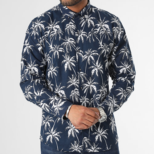 Chemise Manches Longues Floral Bleu Marine Blanc