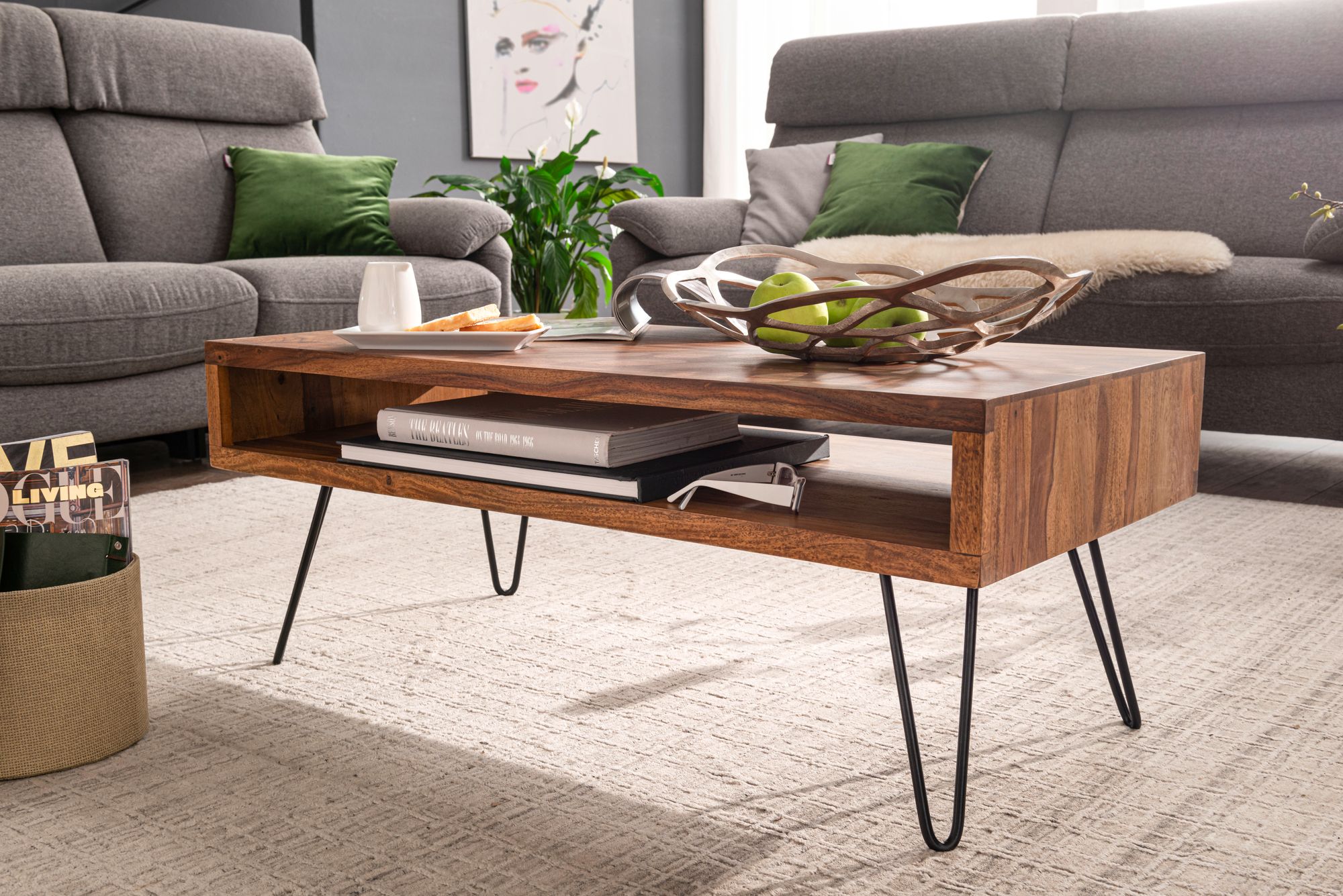 KADIMA DESIGN Wohnzimmertisch aus Sheeshamholz, Ablagefach, schwarze Pulverbeschichtung, 100x40x50 cm.