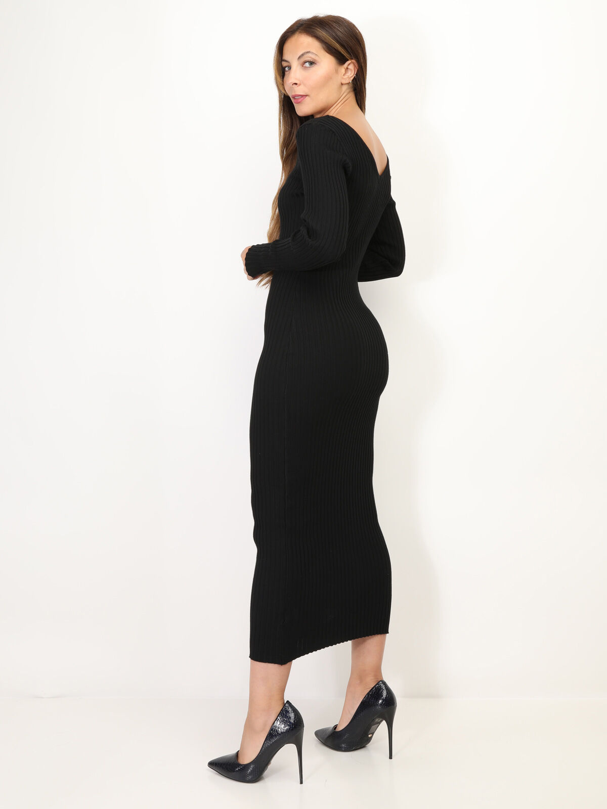 Robe pull longue côtelée à col V- Noir