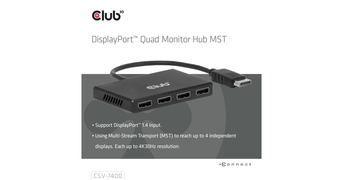 Club 3DDisplayPort Quad Monitor Hub MST 4x 4K30Hz displayport splitter  (Zwart)