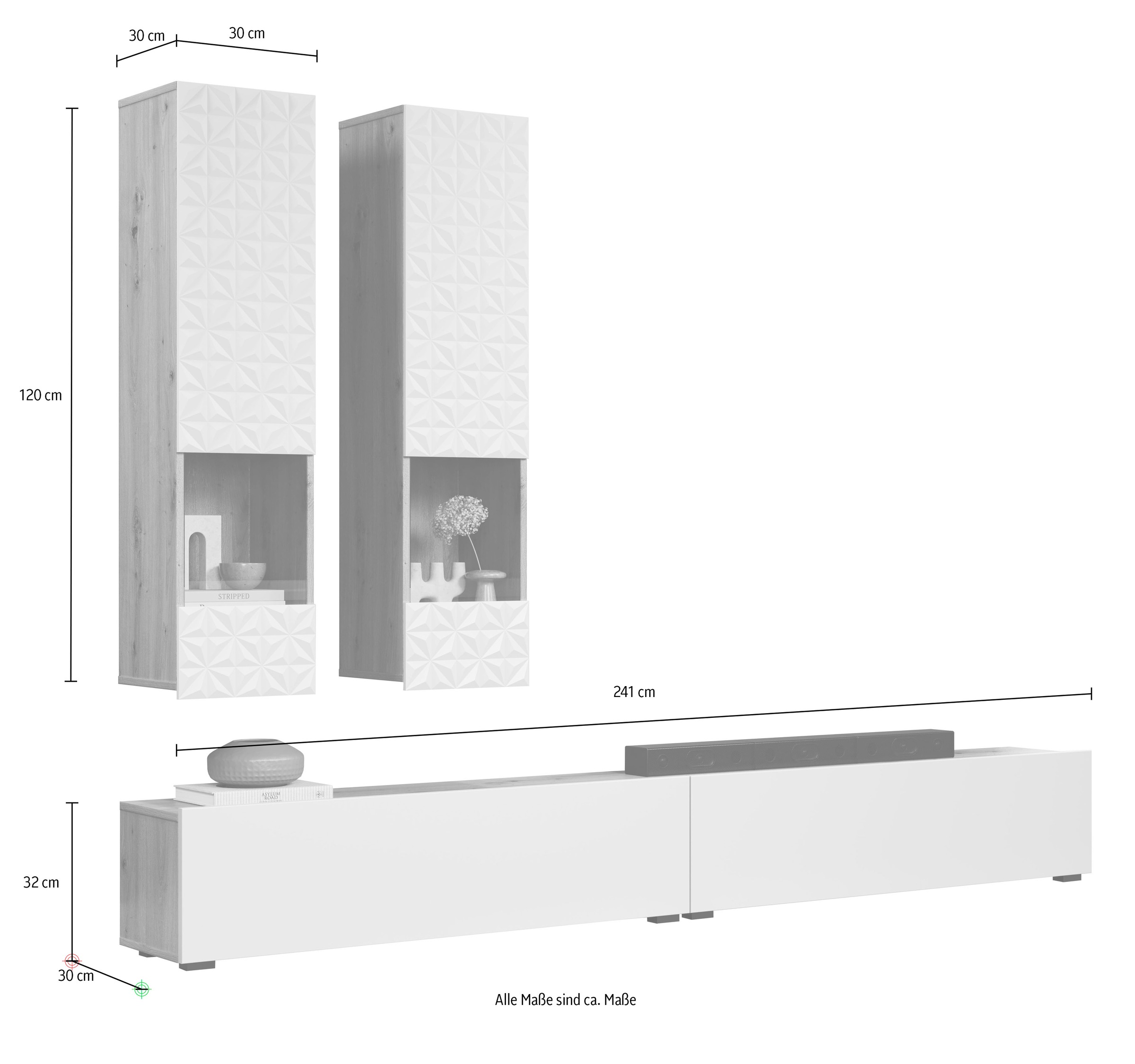 INOSIGN Wohnwand »Rezzo, 2 Hängevitrinen mit Relief-Front, 2 Lowboards je Br. 120 cm« Komplett-Set, 4 Stk. tlg.