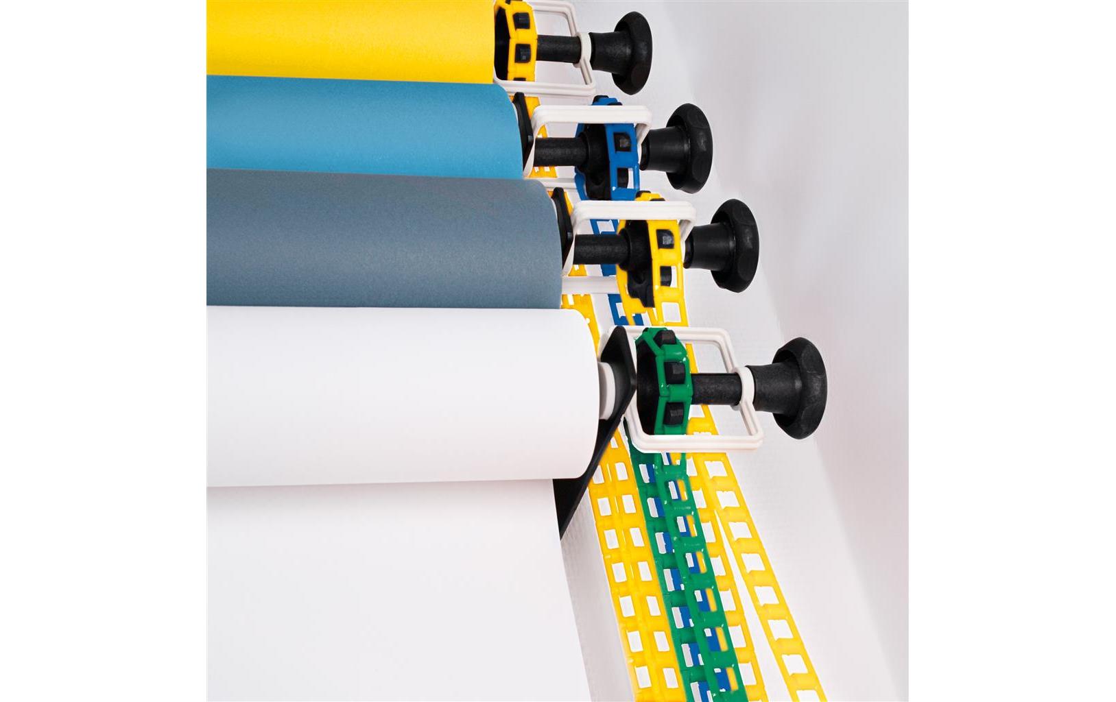 Aufhängung für 4 Papierhintergründe<br>Rollenaufhängung zum Auf- und Abrollen von bis zu 4 Papierhintergründen