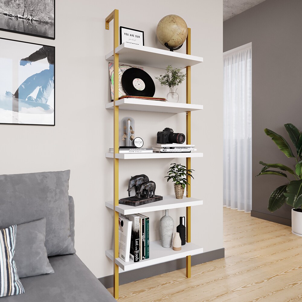 Vicco Loft Bücherregal Ava Standregal Wandregal 5 Ablagen Leiterregal Gold