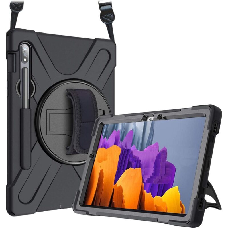 DLH Coque renforcee avec bandouliere, poignee rotative et pied support pour Samsung Galaxy Tab S7 (SM-T870 / SM-T875 / SM-T876)