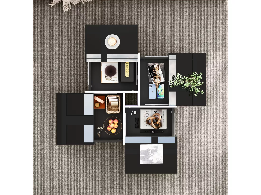 Table basse coulissante avec 4 compartiments cachés - 70 x 70 x 35 cm - panneaux de particules - noir