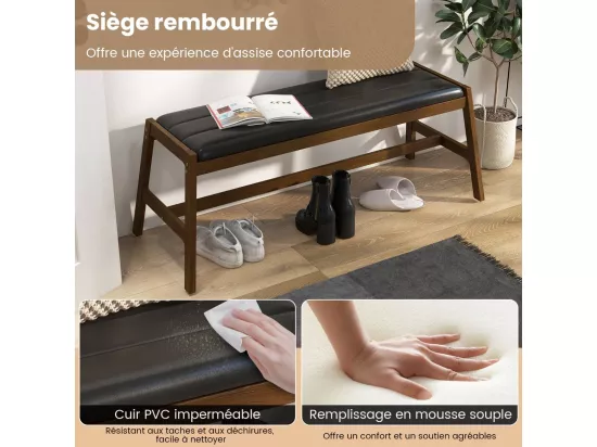 Banc d'Entrée, Bout de Lit pour Chambre en Bois d'Hévéa, Banc avec Siège Rembourré, pour l’Entrée, Chambre, Salon, Salle à Manger, Capacité 150 kg, 48 x 127 x 47,5 cm
