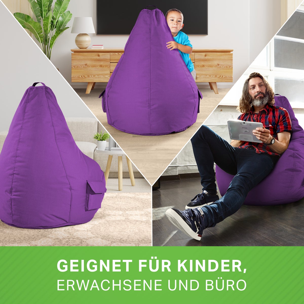 Green Bean Zitzak met rugleuning 80x70x90cm - Gaming stoel met 230L vulling, comfortabel, zacht, wasbaar - Zitzak vloerkussen, loungestoel, voetenbank, relaxstoel, gamer gaming stoel, paars