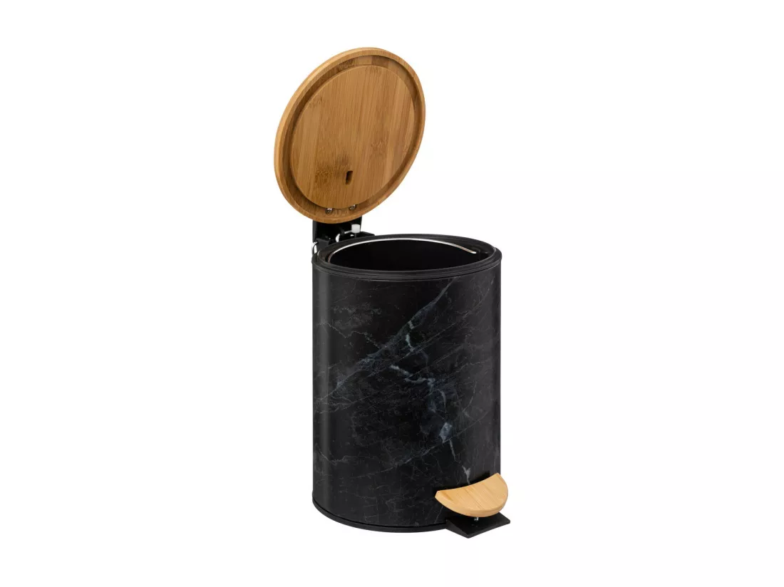 Poubelle en métal Noir marbré et couvercle en bambou 3 L