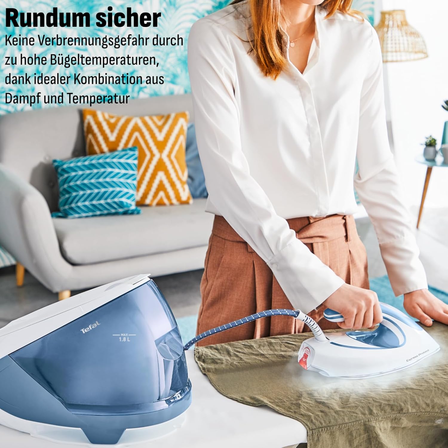 Tefal Dampfbügelstation Express Protect, leistungsstarker 7,5-Bar-Druck, Dampfstoß: 520 g/Min., 1,8 L Wassertank, Smart Temp-Technologie, Kalk-Kollektor, Bügeleisen Dampfstation, weiß/blau, SV9202
