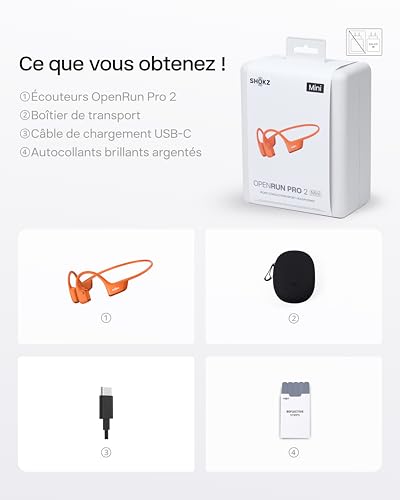 SHOKZ Casque à Conduction Osseuse OpenRun Pro 2 Mini, Écouteurs sans Fil Bluetooth 5.3, Microphones Réducteurs de Bruit, Étanchéité IP55, 12h d’Autonomie, Charge Rapide USB-C, Orange