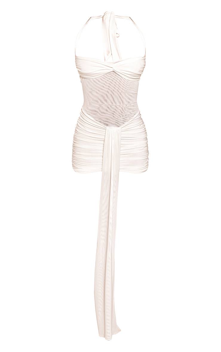 Crème Robe Mini Moulante À Col Licou Avec Empiècement Mesh Et Drapé Frontal