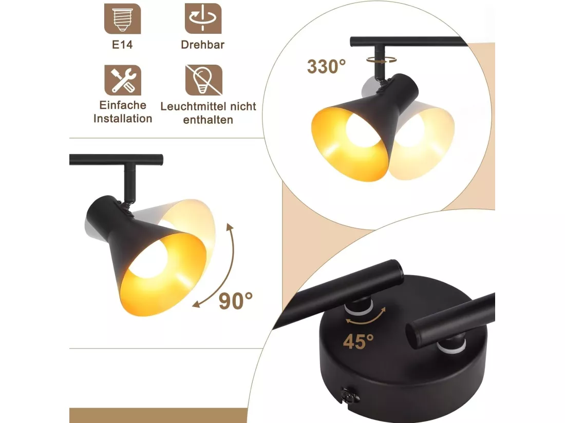 NETTLIFE 4 Spots Plafonnier Salon Noir Vintage 71CM E14 Métal Pivotant à 330°Industriel pour Chambre Cuisine Couloir