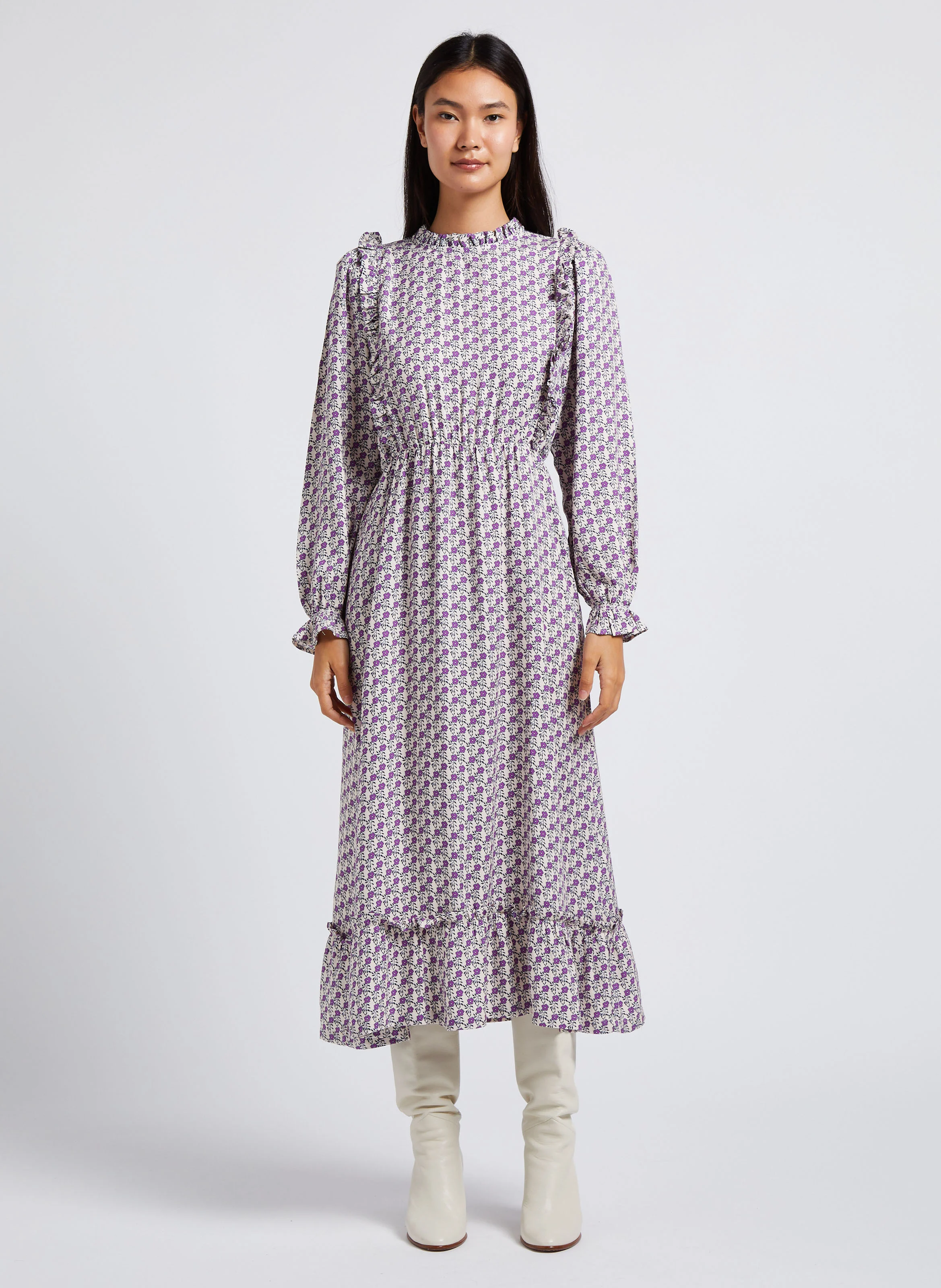 JOSEPHINE - Robe midi évasée col rond imprimé| Violet