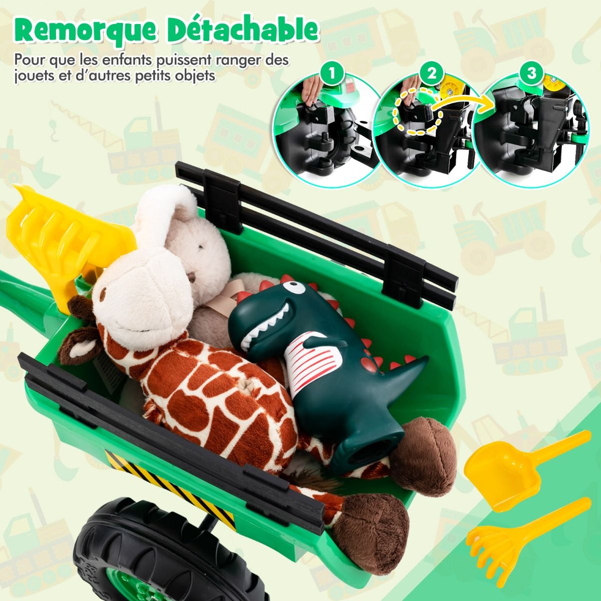 3 en 1 Tracteur pour Enfant avec 6 Roues Jouet Pelle Remorque Amovible avec Volant Klaxon 3 à 6 Ans Jaune/Vert - Lidl-Manfred