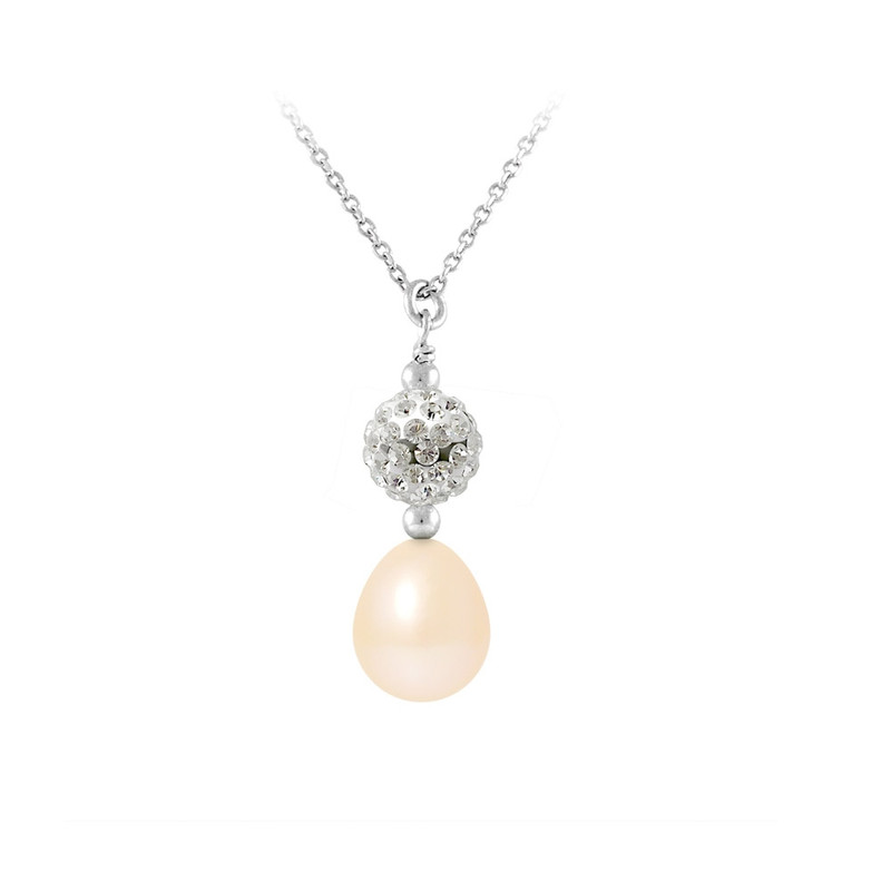 Collier Pendentif Perle de culture Rose, cristal et Argent 925