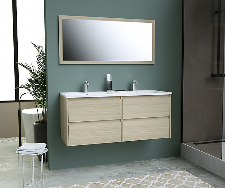Meuble sous vasque à suspendre Timber décor bois 120 cm + plan double vasque céramique blanche + miroir