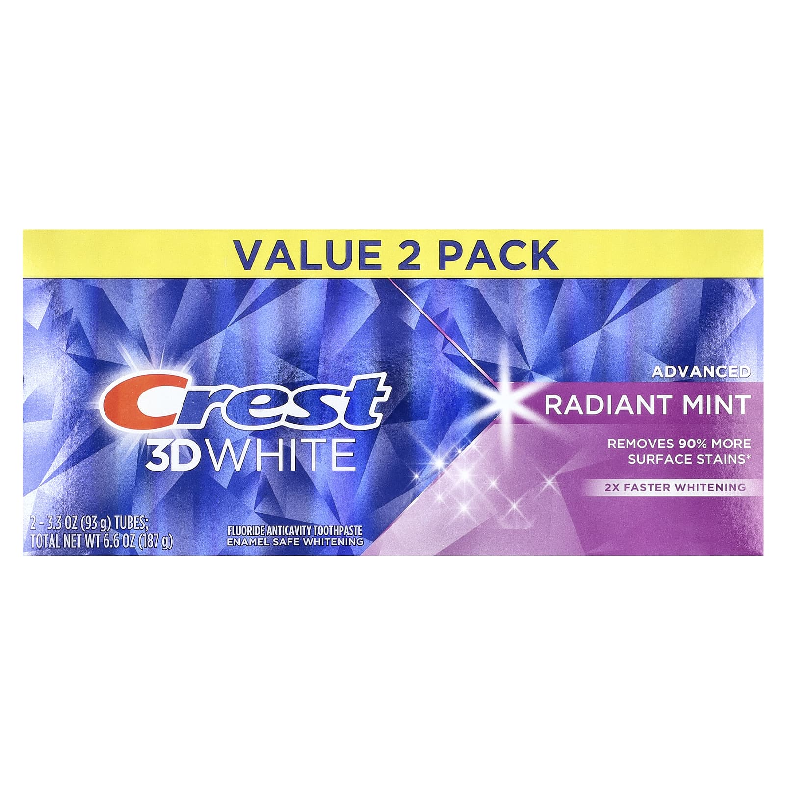 Crest, 3D White Advanced, fluoride tandpasta tegen gaatjes, Radiant Mint, 2-pack, elk 93 g