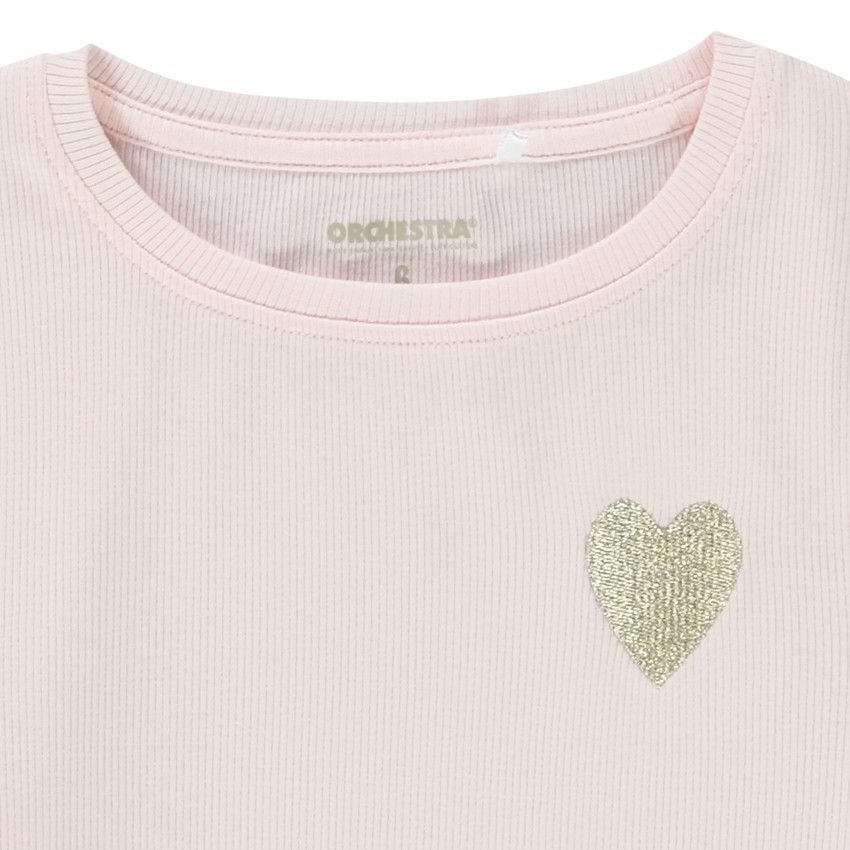 T-shirt manches longues en rib broderie coeur pour fille - Rose