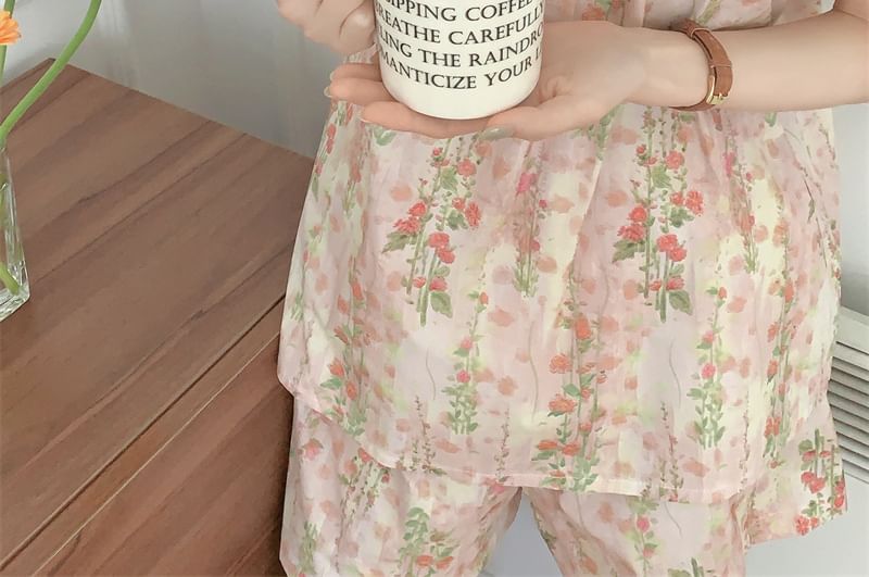 Sadelle - Spaghettibandjes, vierkante hals, bloemenprint, strikaccent, midi-pyjamajurk / camisole top / shorts / set