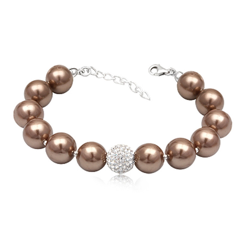 Bracelet Perles Marron Dorées Cristal Blanc et Argent 925