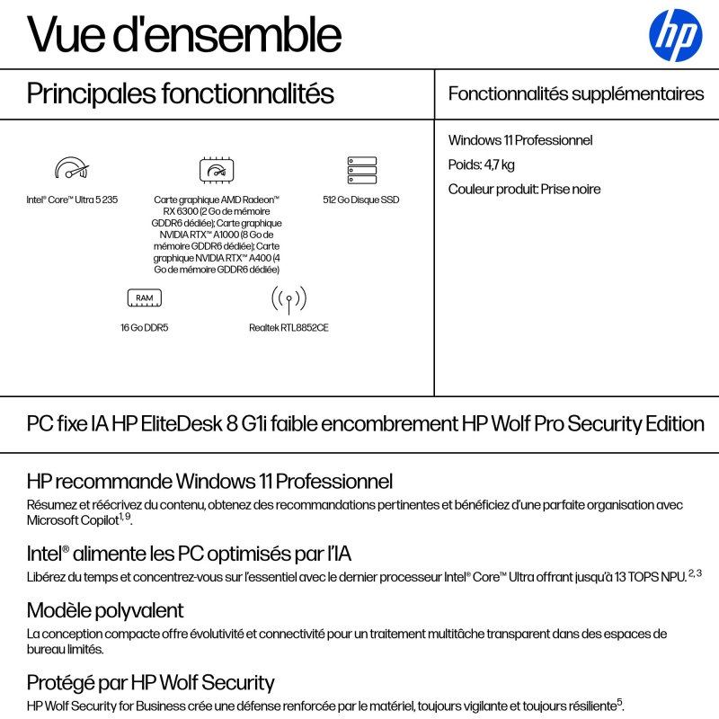 HP EliteDesk 8 SFF G1i AI Wolf Pro Security Edition Intel Core Ultra 5 235 16 Go DDR5-SDRAM 512 Go SSD Windows 11 Pro PC AI PC Noir