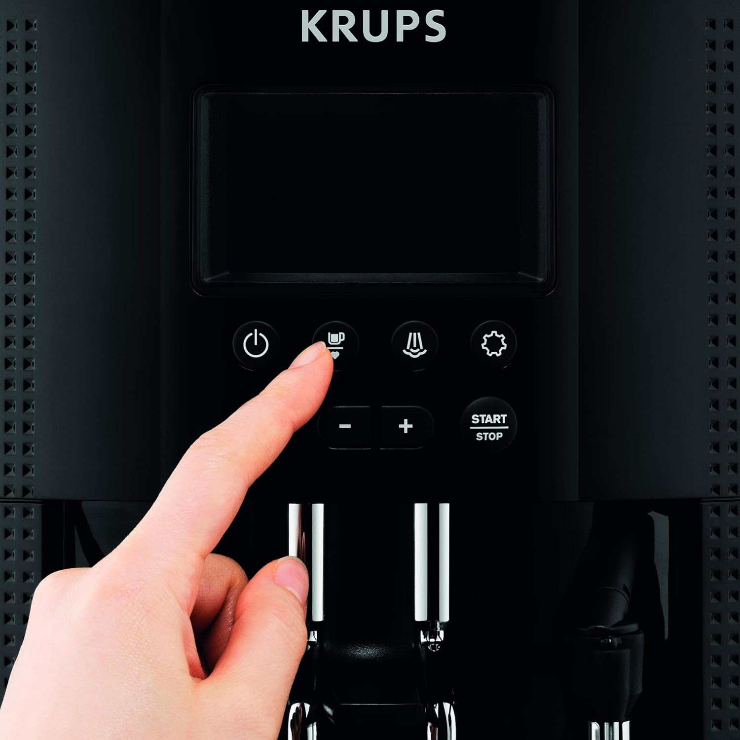 Krups Machine à café grain, 2 expressos simultanés, Ecran LCD, Cafetière espresso compacte, Nettoyage automatique, Buse vapeur pour Cappuccino, Essential noire YY8135FD, Noir