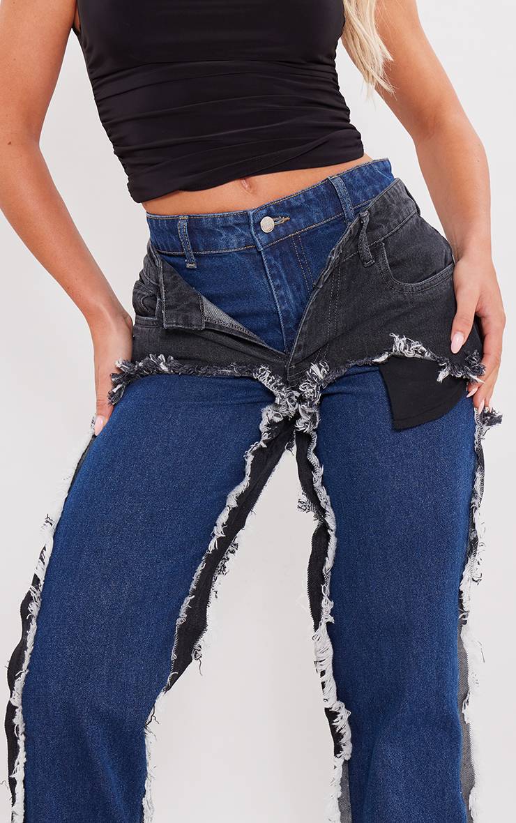 Bleu Indigo Délavé Jean Droit À Effet Superposé