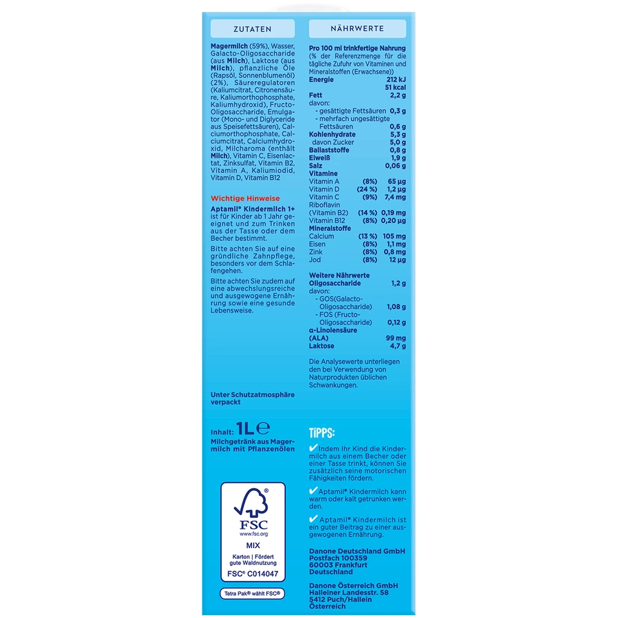 Aptamil Kindermilch 1+ trinkfertig 6 x 1 l ab dem 1. Jahr