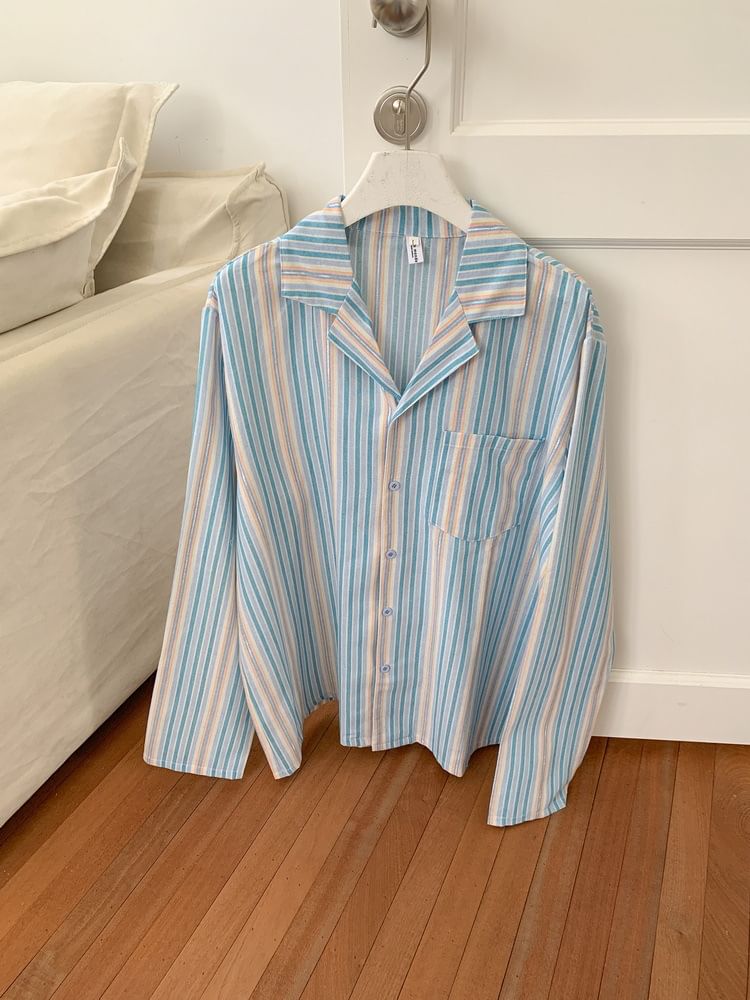 Tanee - Pyjamaset: gestreepte blouse met pofmouwen + broek