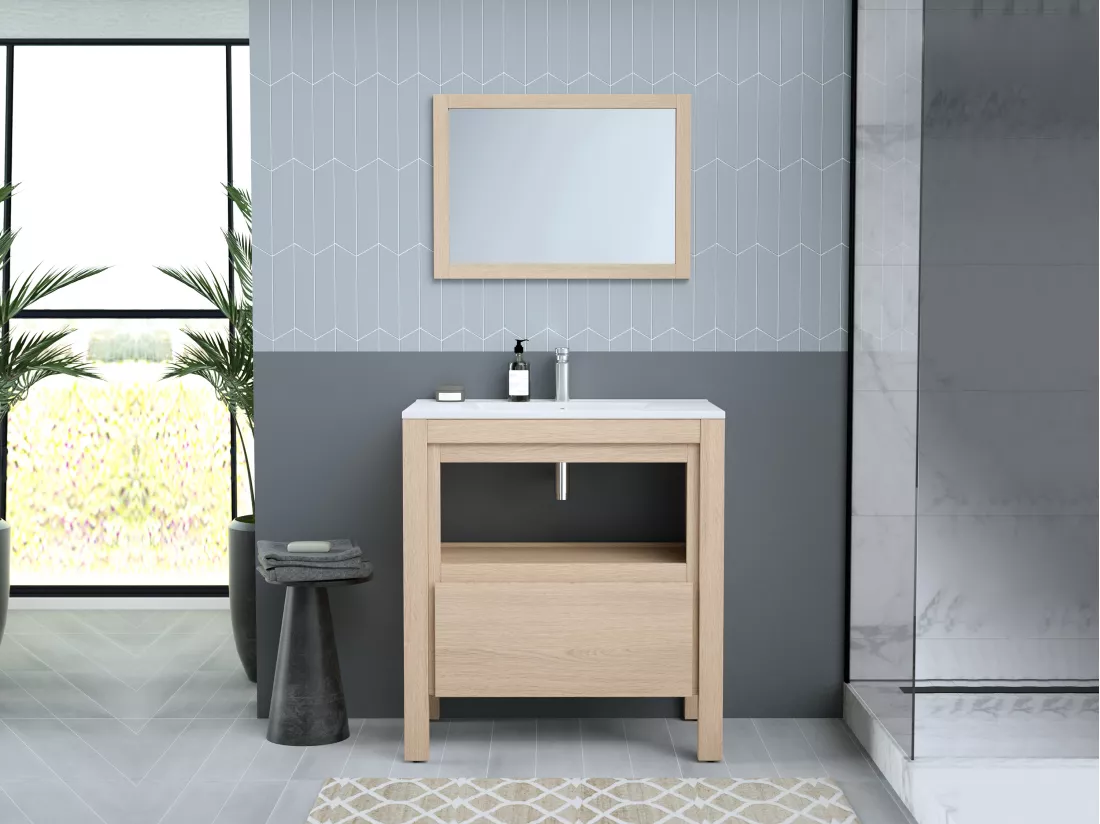 Meuble de salle de bain avec vasque à encastrer - Placage chêne - 80 cm - COSMOTI