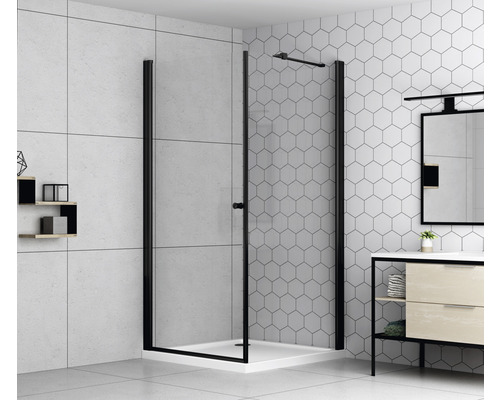 Basano Modena zwarte draaideur, 90 cm, helder glas, profielkleur matzwart