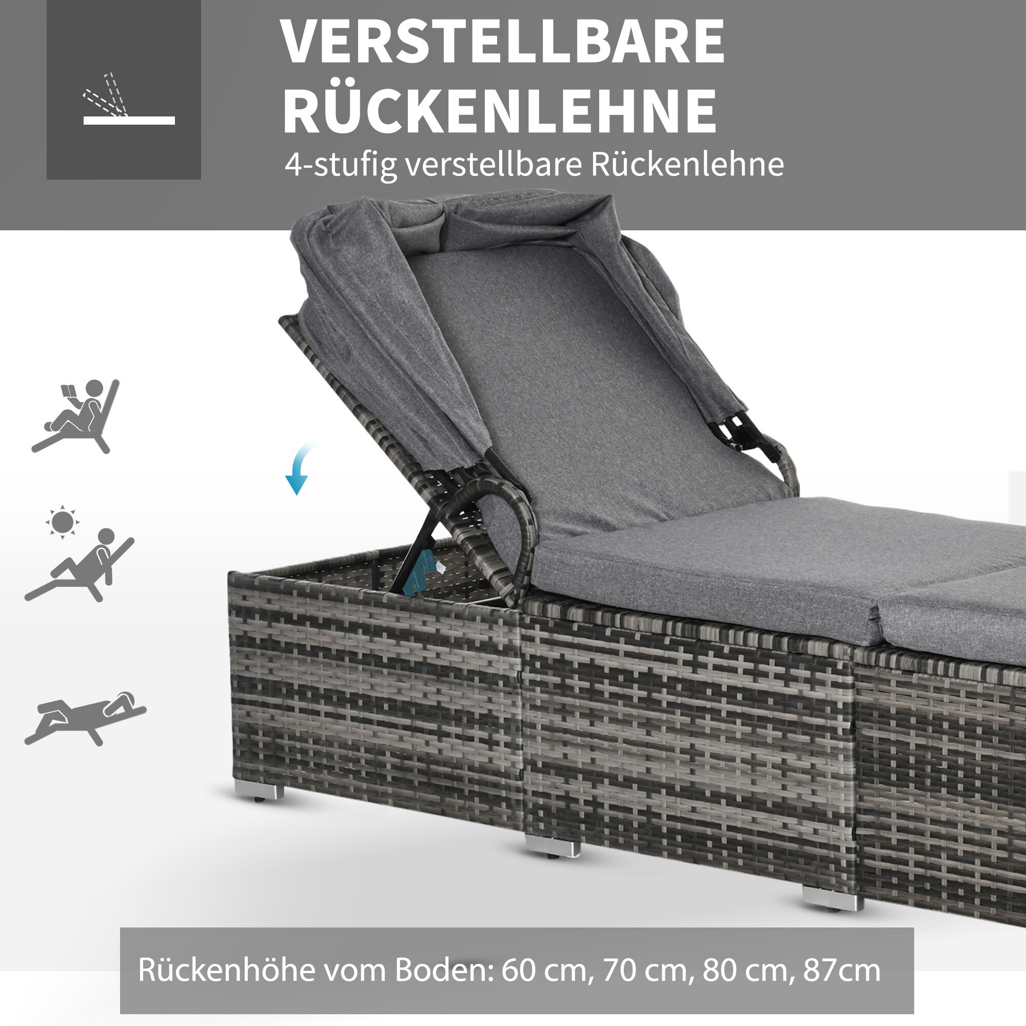 Outsunny Rattan Liege mit Sonnendach grau 195L x 65B x 40H cm