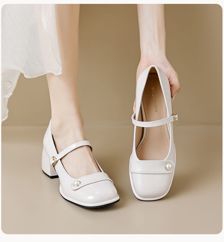 Aegina - Mary Jane pumps met vierkante neus, imitatieparels en blokhak