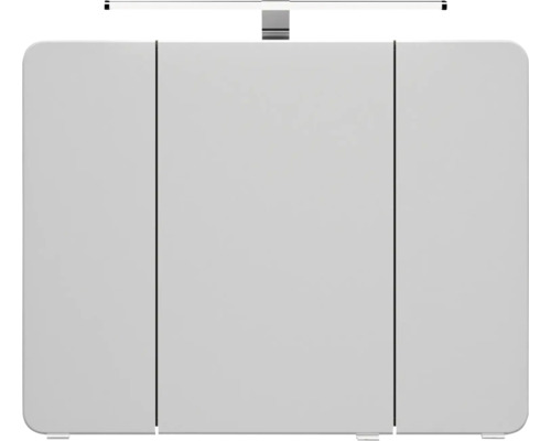 Badkamermeubelset Pelipal serie 4005, afmetingen (B x H x D): 122 x 200 x 49,1 cm, fronten in hoogglans grijs. 4-delige badkamermeubelset bestaande uit een witte glazen wastafel, badmeubel, spiegelkast met LED-verlichting, glazen wastafel en hoge kas